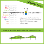 Listen Together Podcast with Gillian Sharma: Musical activities and stories for young children. Subscribe today. (shows boy jumping with sticks and rolling green hills with crow sitting on power pole)